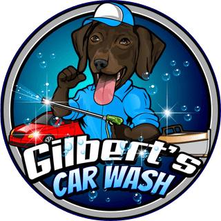 Gilbert's Car Wash logo — a German shorthaired pointer mascot in a blue uniform holding a pressure washer