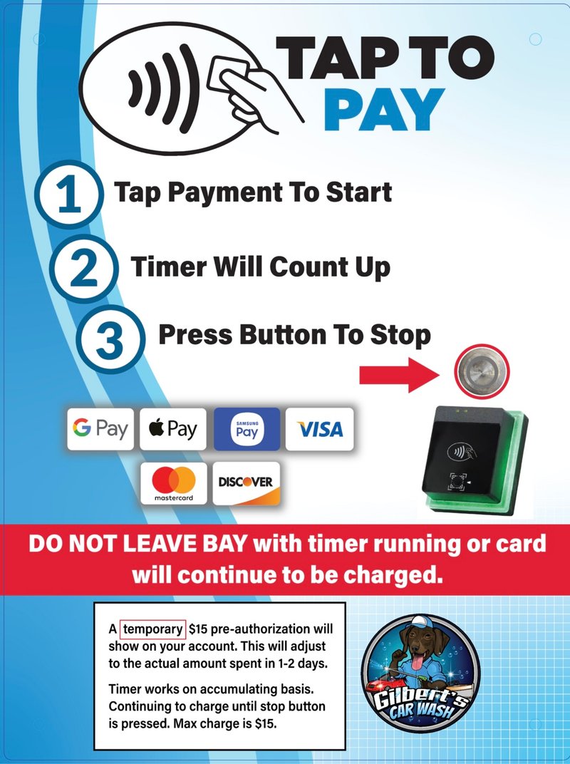 Credit card payment instruction sign posted in Gilbert's Car Wash self-serve bays