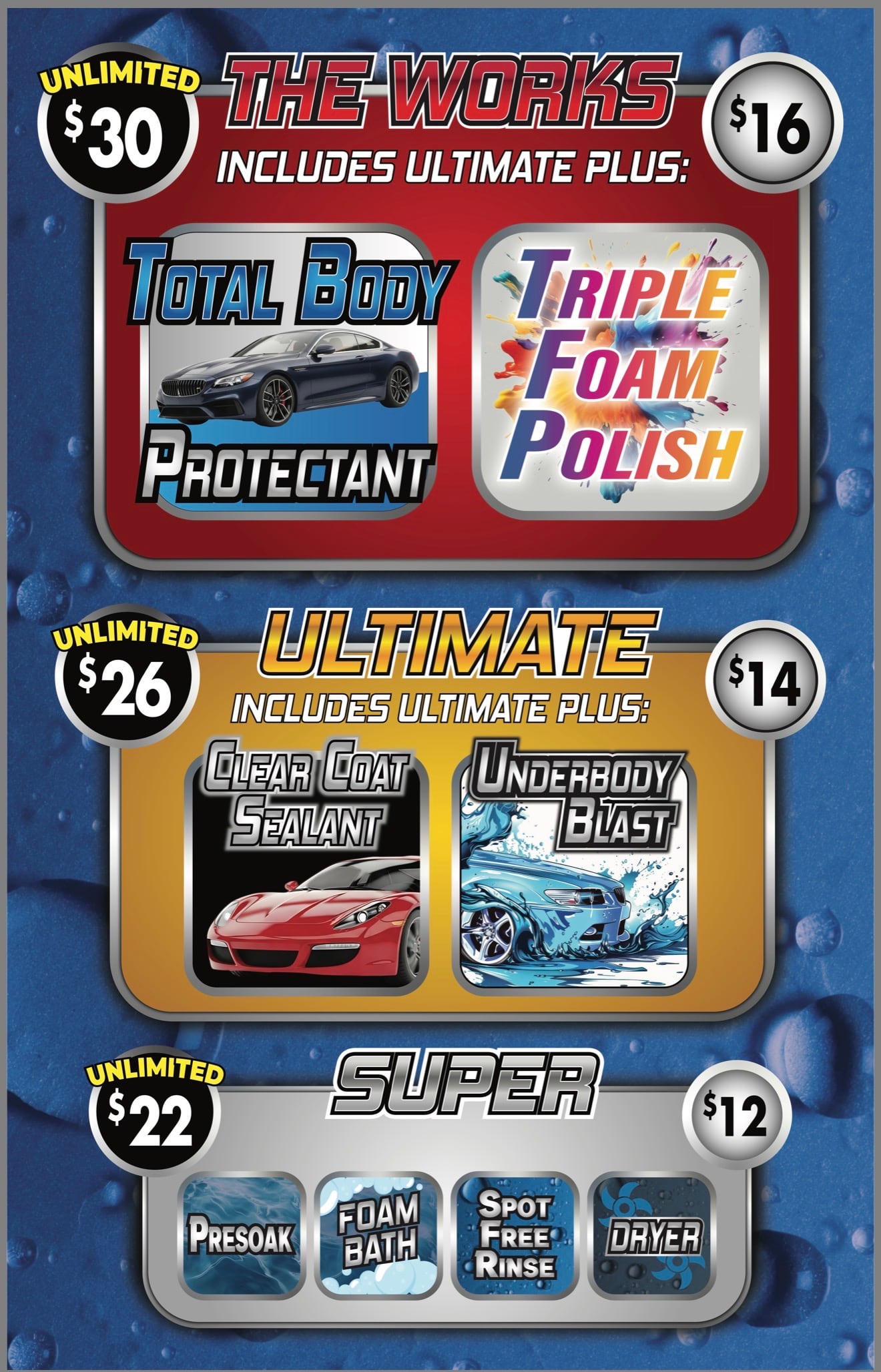 Pricing sign posted at the wash, listing wash package prices